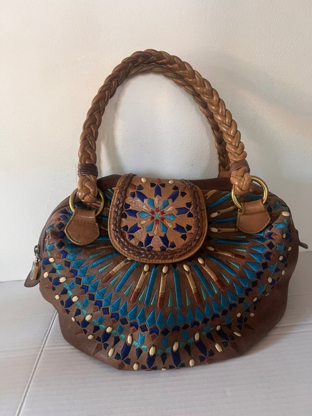Y2K ISABELLA FIORE SERENA EMBROIDERED LEATHER HANDBAG BROWN
